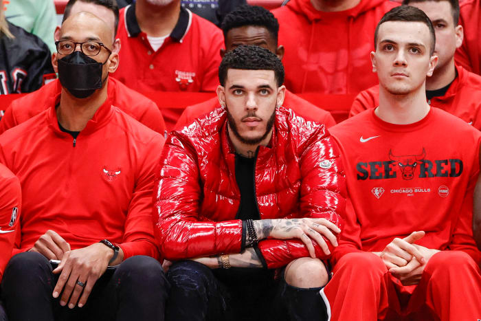 Chicago Bulls guard Lonzo Ball on the bench